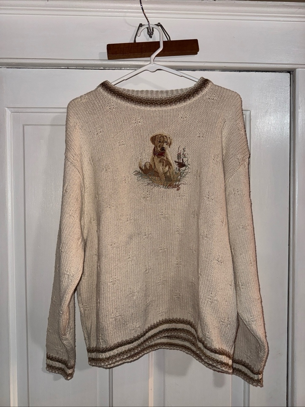 Cream Embroidered Puppy Crewneck Sweater